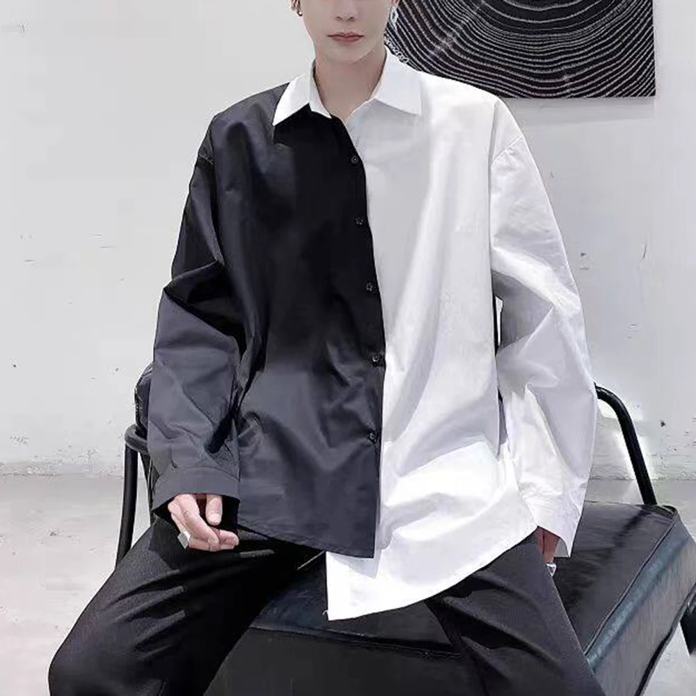 Mens Black White Patchwork Dark Irregular Shirt Autumn Streetwear Fashion Nightclub Stage Niche Loose Long-Sleeve Top Men'S Wear
