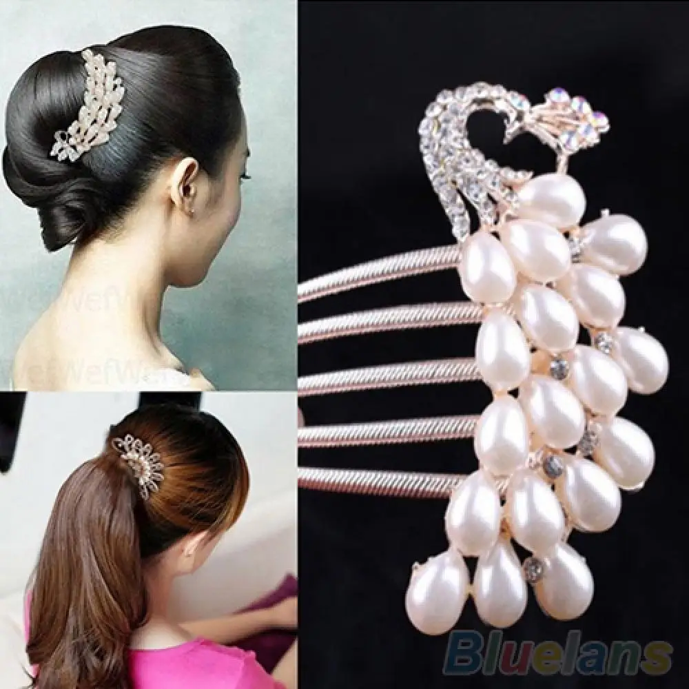 Bridal Rhinestone Faux Pearls Hairpin Flower Peacock Hair Clip Comb Head Jewelry Girls Wedding Hair Accessories