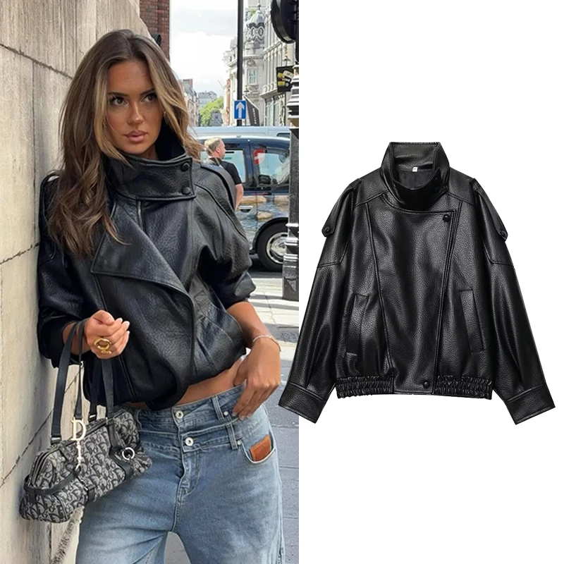 

Women's Faux Leather Jacket Coats Fashion Stand Collar Long Sleeve Loose Jackets Autumn Winter Female Outerwear Chic Tops