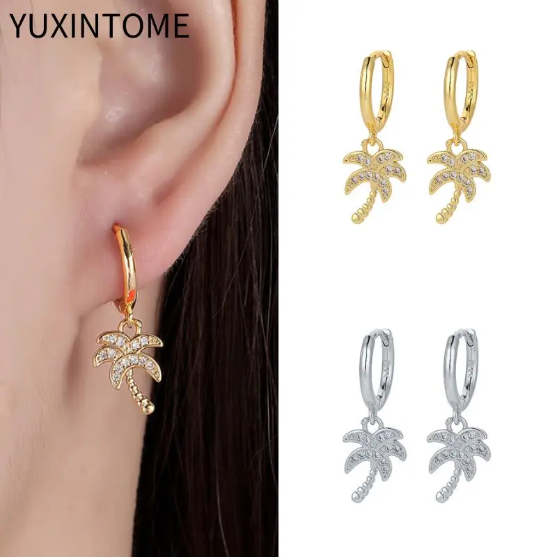 925 Sterling Silver Needle Luxury Palm Tree Pendant Earrings For Women White Crystal Coconut Tree Hoop Earrings Fashion Jewelry