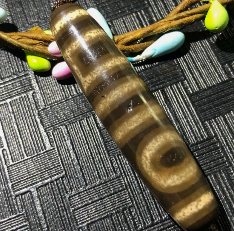 Magic Power Tibetan Old Agate Double Heaven&Earth Totem dZi Bead 11*52mm