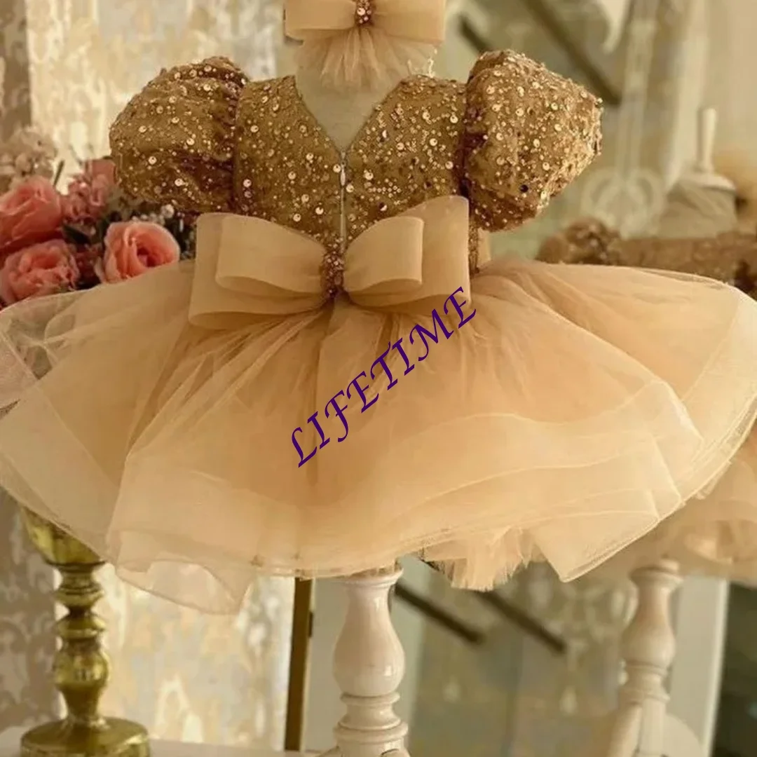 

Индивидуальное бежевое платье для девочки с пайетками и бантом из фатина, на первое Рождество, для свадебной вечеринки, детское платье