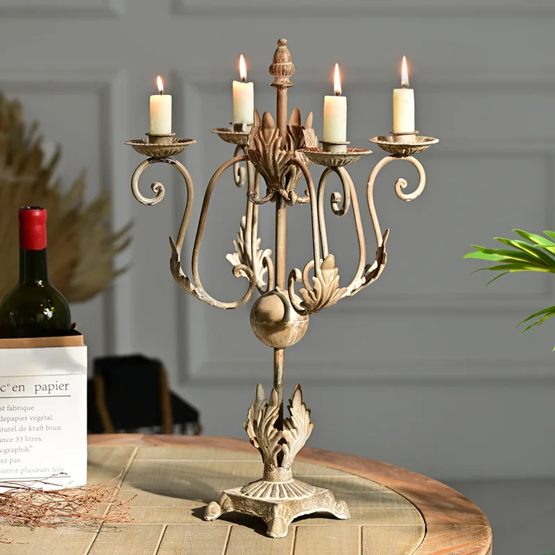 French old wrought iron four-headed gold high-end atmosphere household table decoration candle dinner candle holder