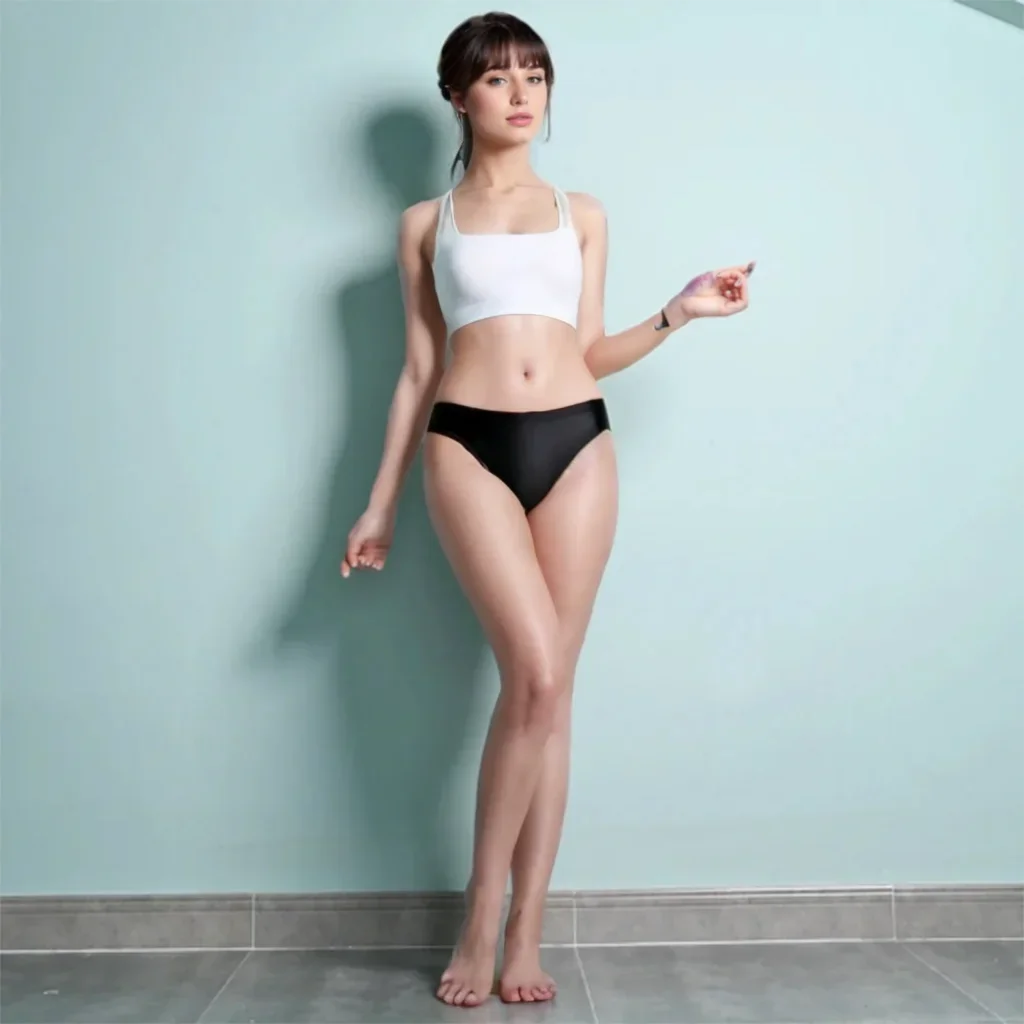 Intimo da nuoto sportivo da donna elastico in seta liscia e lucida, indossato all'interno e all'esterno dei pantaloni a triangolo a vita bassa