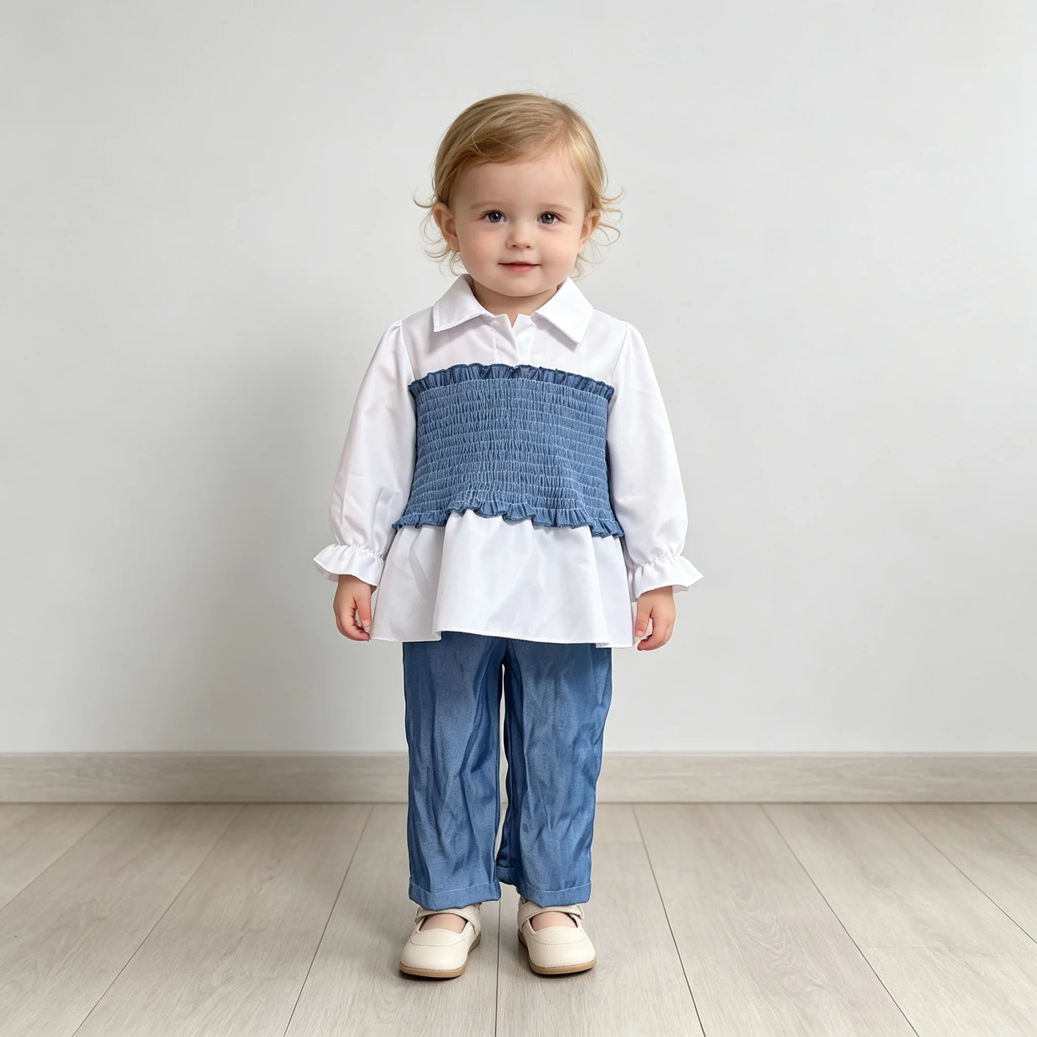 Girls Spring Autumn Two-Piece Set with Ruffle Collar Shirt And Casual Pants for Babies