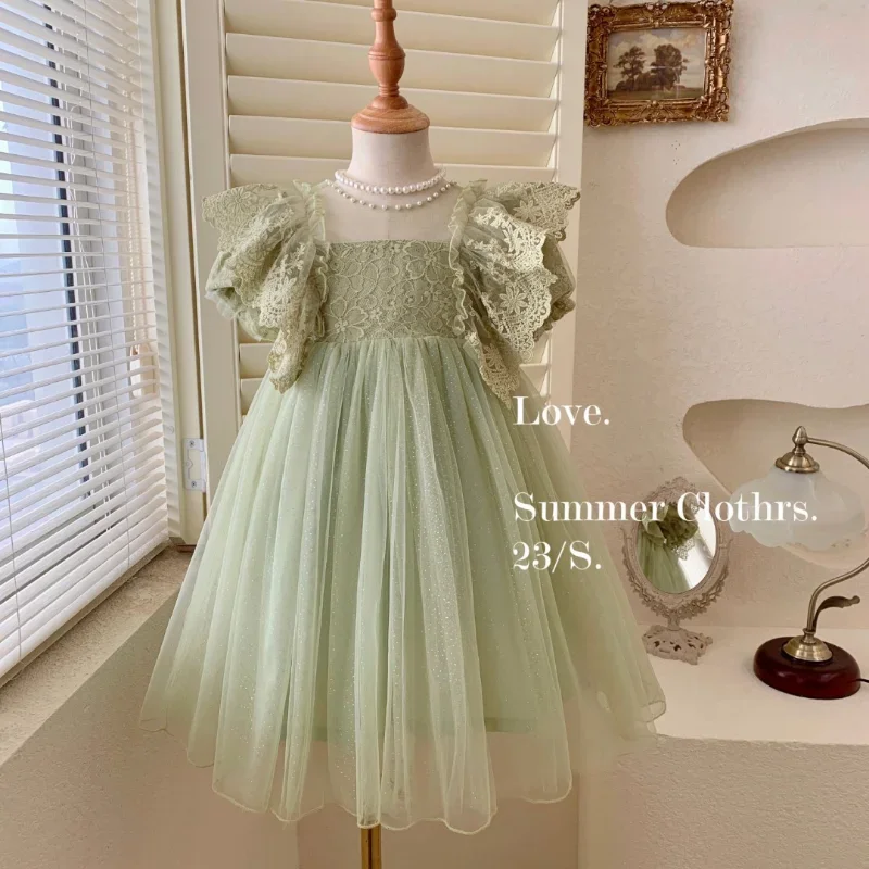 Children\'s Princess Dress In Green Korean Style Baby Party Dress with Lace Pearl Mesh Flare Sleeves Suitable for Summer E23344