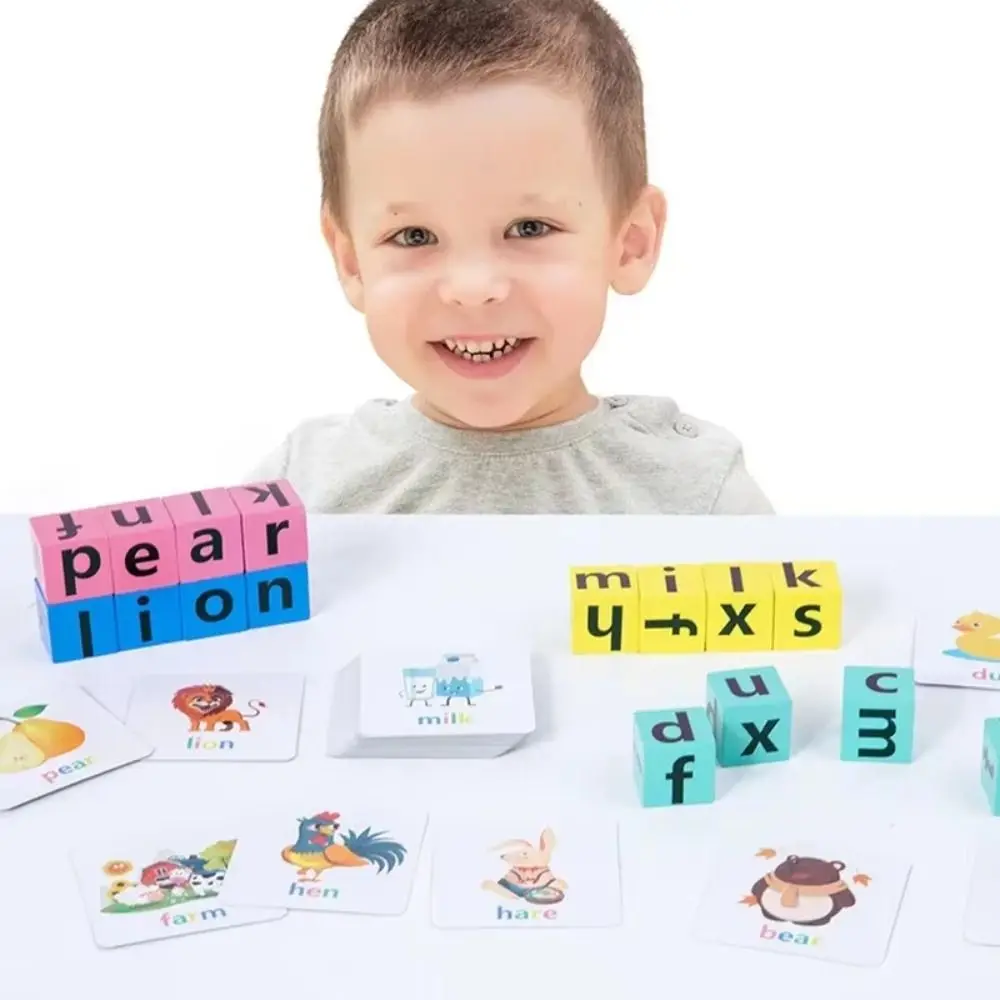 Flash Cards Alphabet Spelling Game Word Spelling Game Wooden English Words Card Building Blocks Baby Learning Cards Puzzle Game