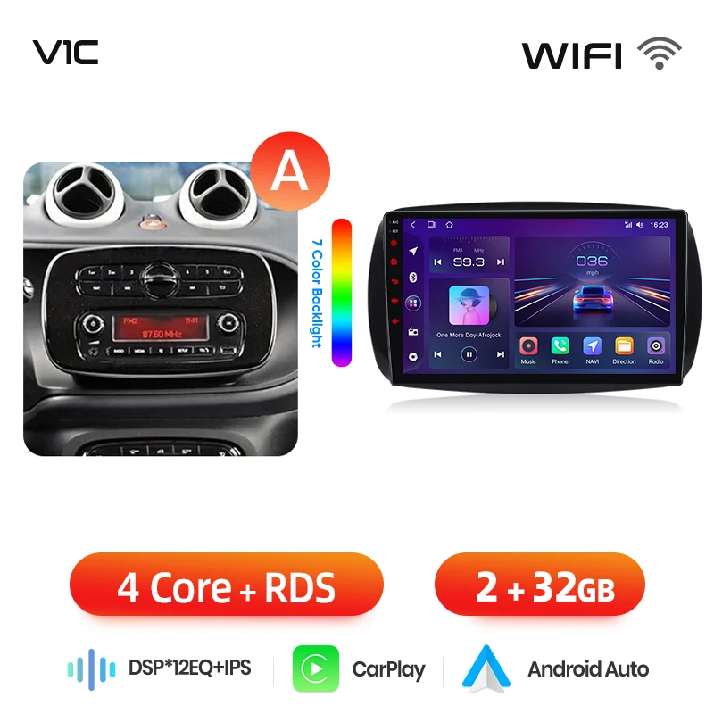Junsun draadloze CarPlay Android Auto autoradio voor Smart Fortwo (C453) / Forfour (W453) 2014-2021 met ingebouwde koelventilator, Android GPS navigatie, multimediaspeler, WiFi, DSP, RDS, BT, SWC, IPS