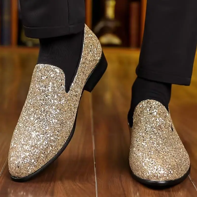 Men Loafer Dress Shoes Gold Sequin Pointed Toe Shoes  Luxury Brand Men Paillette Fashion Mens Leather Shoes Zapatos Hombre
