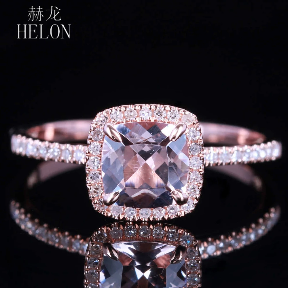 

HELON Solid 18K 14k 10k Rose Gold Ring Cushion 6mm 0.9ct Natural Morganite Diamond Women Jewelry Engagement Ring Claw Prongs