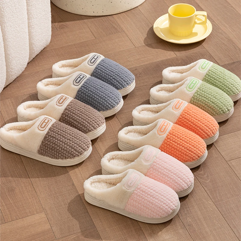 

Зимние домашние тапочки унисекс, теплая вязаная домашняя обувь на флисовой подкладке, удобные нескользящие домашние тапочки для пар, разноцветные