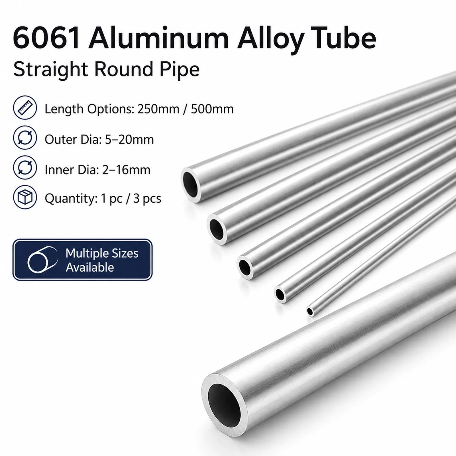 1/3pcs 6061 Aluminium Pipe Length 250mm/500mm OD 5~20mm Inner Dia 2mm~16mm Straight Round Aluminum Alloy Tube