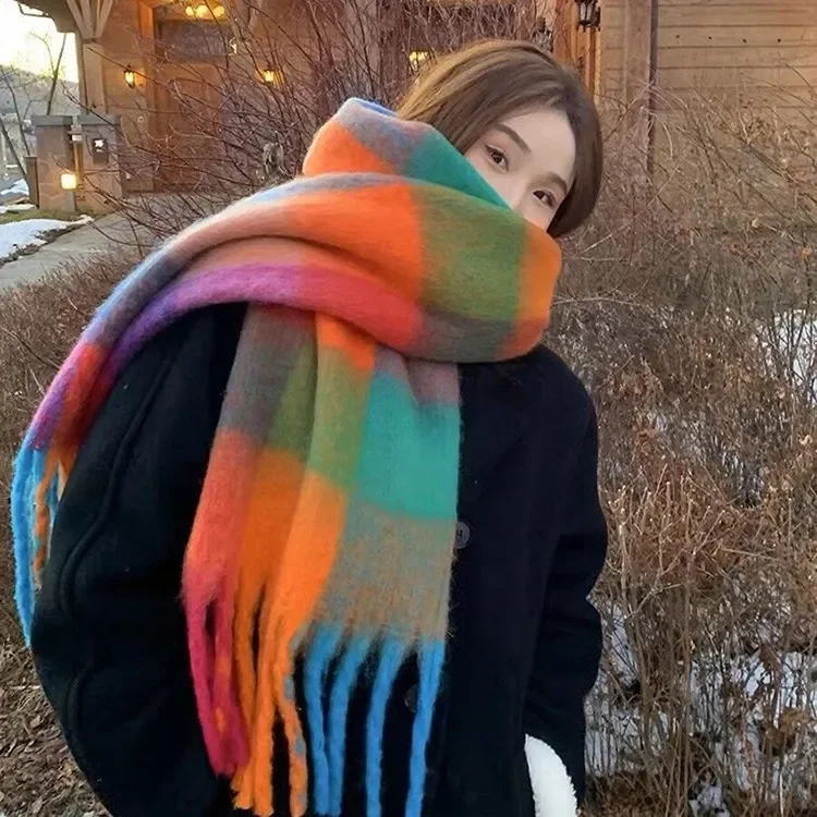 قوس قزح وشاح جديد شتاء دافئ متماسكة التفاف الإناث الكورية نمط منقوشة وشاح الموضة مريحة تنوعا شال هدية الكريسماس #4