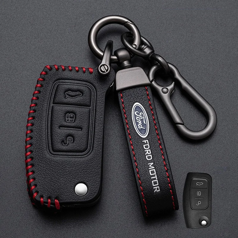 Leather Car Smart Remote Key Case Protection Cover Keychain For Ford Focus 2 MK2 Fiesta Mondeo Galaxy Falcon Territory Ecosport