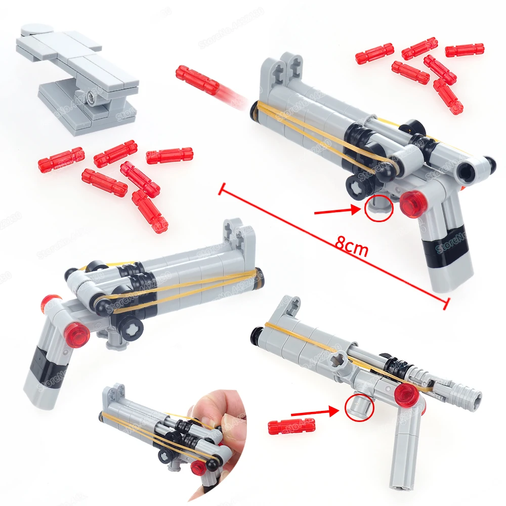 Mini militar armas adereços bloco de construção tubo duplo banda borracha único tiro bala emissão jogo modelo criança presente menino brinquedo diy