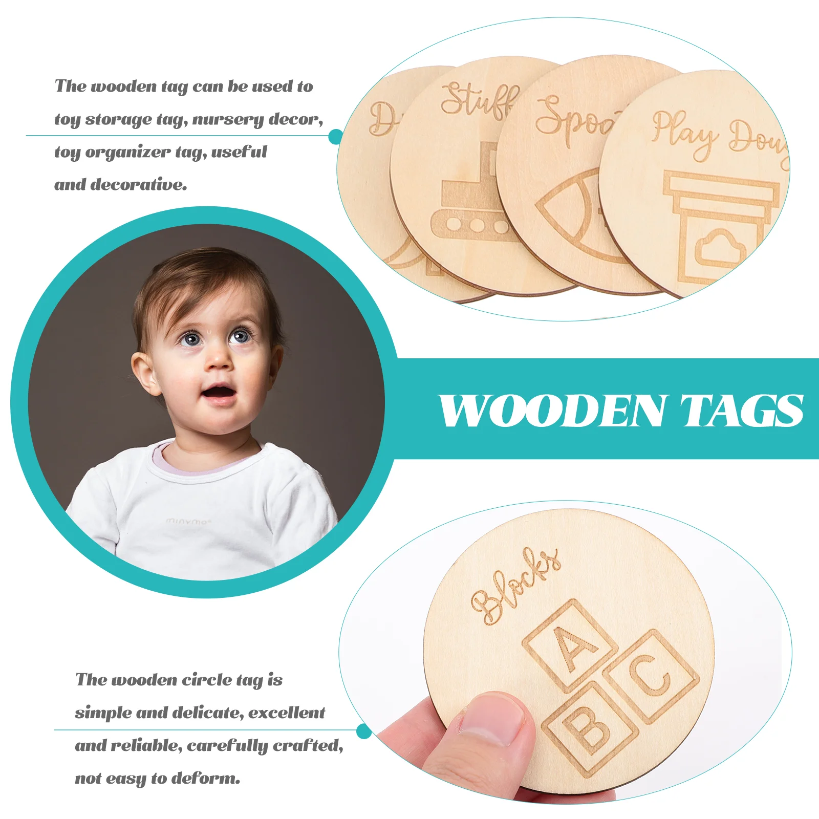 16 Pcs Round Wooden Circle Tag Sticker Labels Tags Gifts for New Mom Storage Bins Home Decoration Ornament Toy Nursery