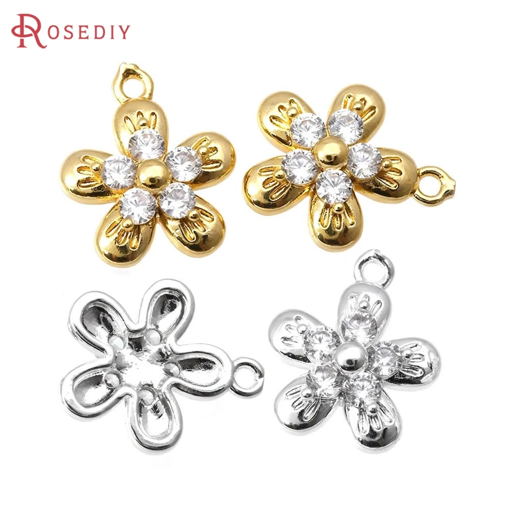 

10PCS 14x12MM 18K Gold Color Brass Zircon Flower Charms Pendants High Quality Diy Necklace Earrings Jewelry Making Accessories
