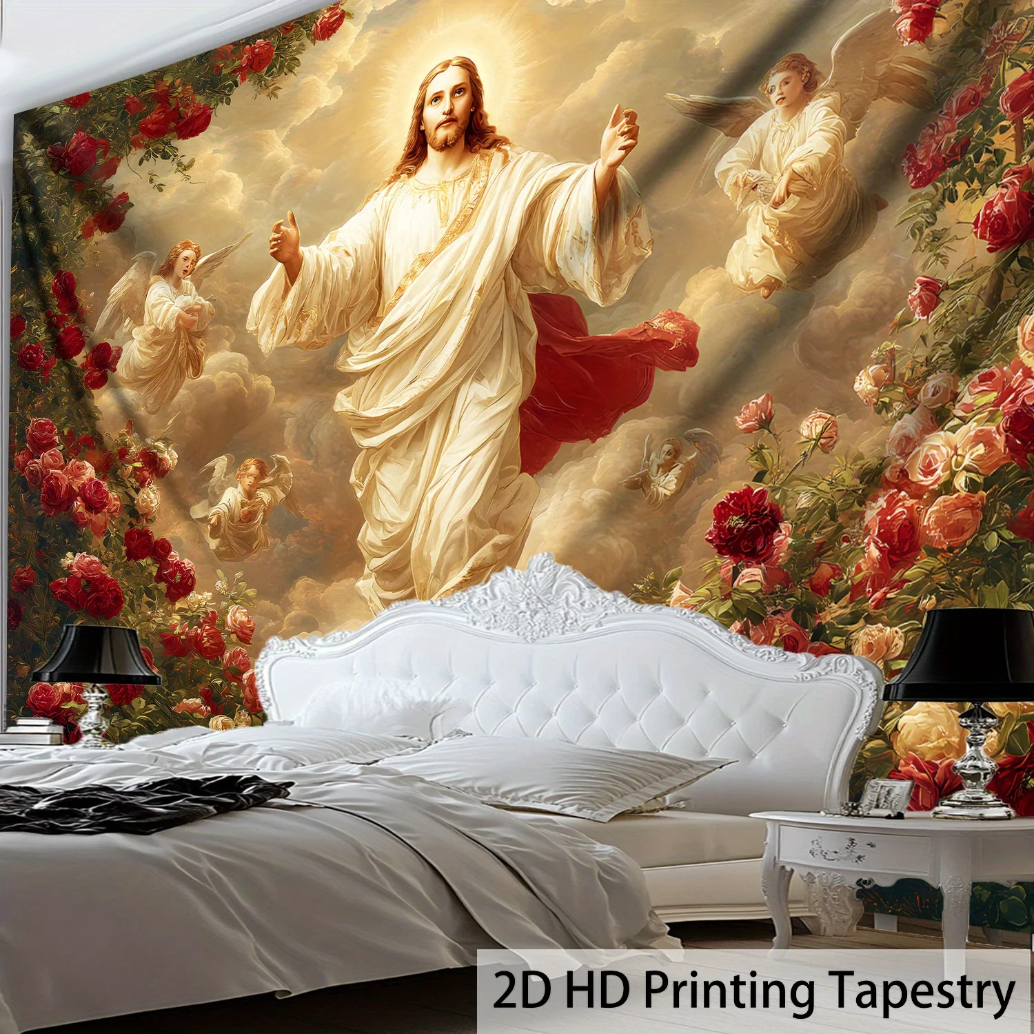 Elegant Christian Tapestry Wall Hanging Jesus Christ and Angels with Romantic Floral Rose Background Mural for Home Decor