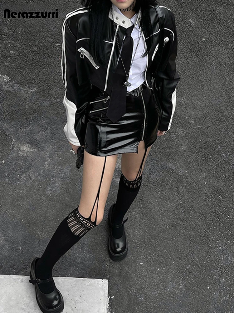 Nerazzurri Spring Summer Short White and Black Patchwork Shiny Patent Leather Jacket Women Adult’s Womens Pu Leather Cropped Top