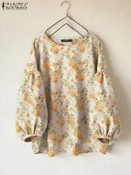 Zanzea-Camisa feminina de manga comprida vintage com gola em O, blusa estampada floral boêmia, túnica solta casual, tops de praia, verão