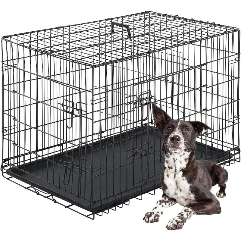 

Dog Crate for Large Dogs 42 Inch Folding Metal WirePet Cage Double Door W/Divider Panel Indoor Outdoor Kennel Leak-Proof
