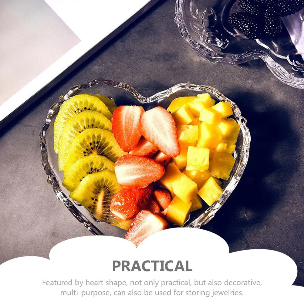 

2Pcs Clear Glass Heart Dish Embossed Rose Design Snack Bowl Multi Functional Serving Tray for Parties Home Office Gift Candy