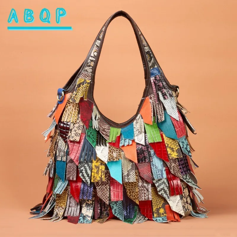 New Women's Handbag Luxury Brand Genuine Leather Women's Shoulder Bag Hand-stitched Tassel Casual Women's Bag Large Capacity