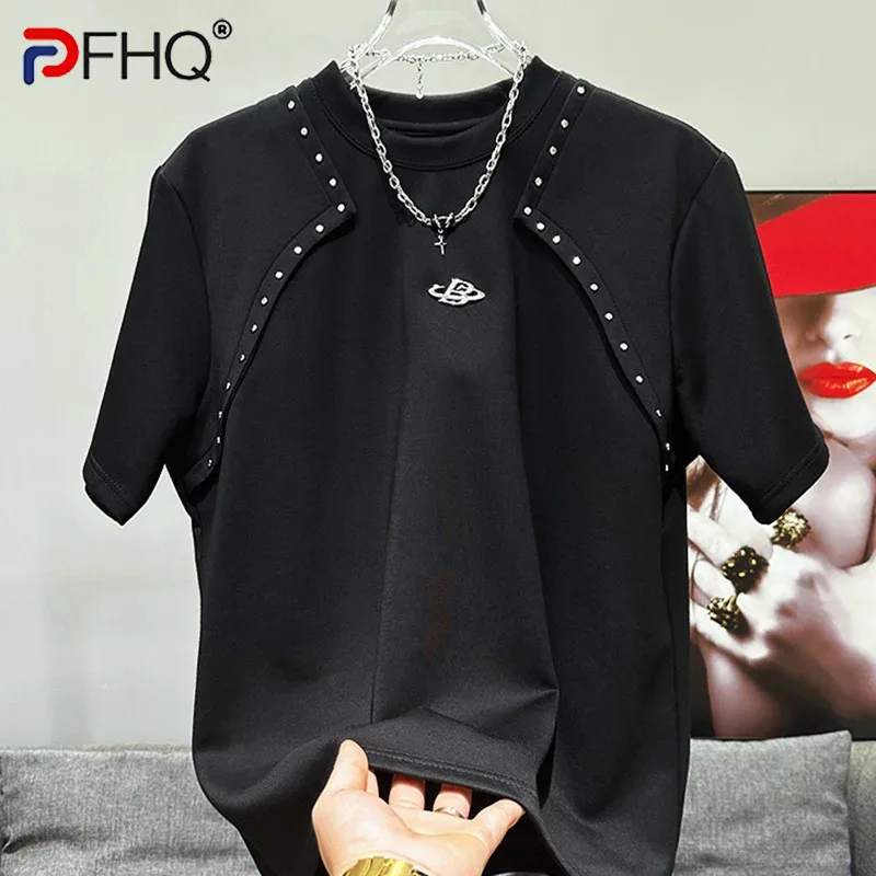 

PFHQ Korean Short Sleeve T-shirt Summer Men's Metal Rivet Design Haute Quality Comfortable Male Simple Anti-wrinkle Tops 21Z4665