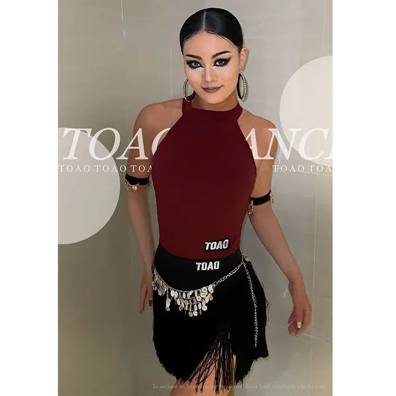 

New Latin Dance Costume Women Metal Sequin Performance Dance Clothes Burgundy Bodysuit Fringe Skirt Cha Cha Rumba Dress DNV20749