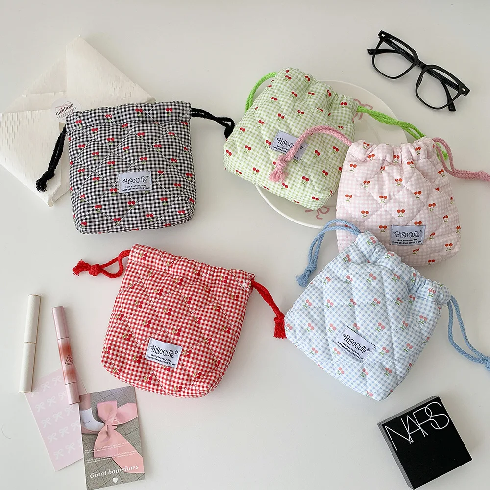 Cherry Checkered Drawstring Pouch Bedroom Scented Sachet Storage Bag Hanging Bag Travel Portable Storage Bag