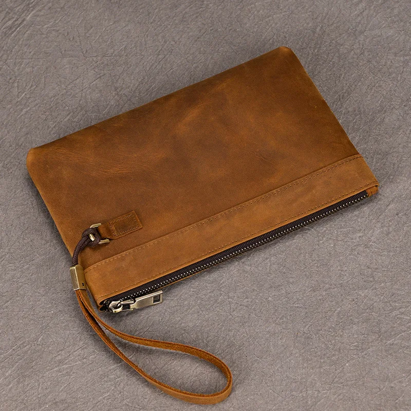 Retro Large Capacity Leather Glove Handbag for Men Business Wallet Crazy  Leather Long Style Simple Design Top Layer Bul...