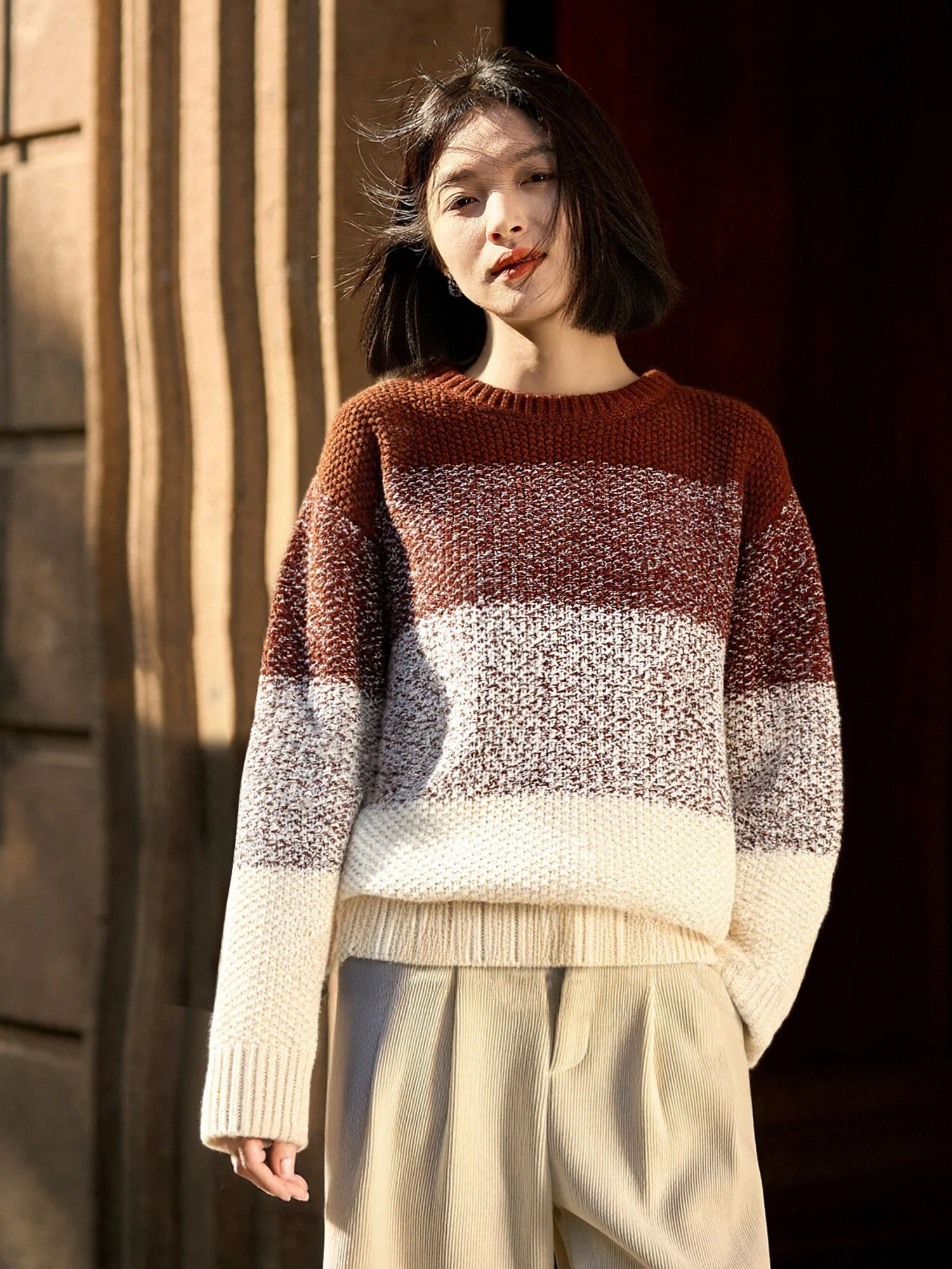 

Chivirin Премиум adient Color Blo шерстяной вязаный свитер женский Thiened Lazy Sle круглый пуловер Ne весна осень