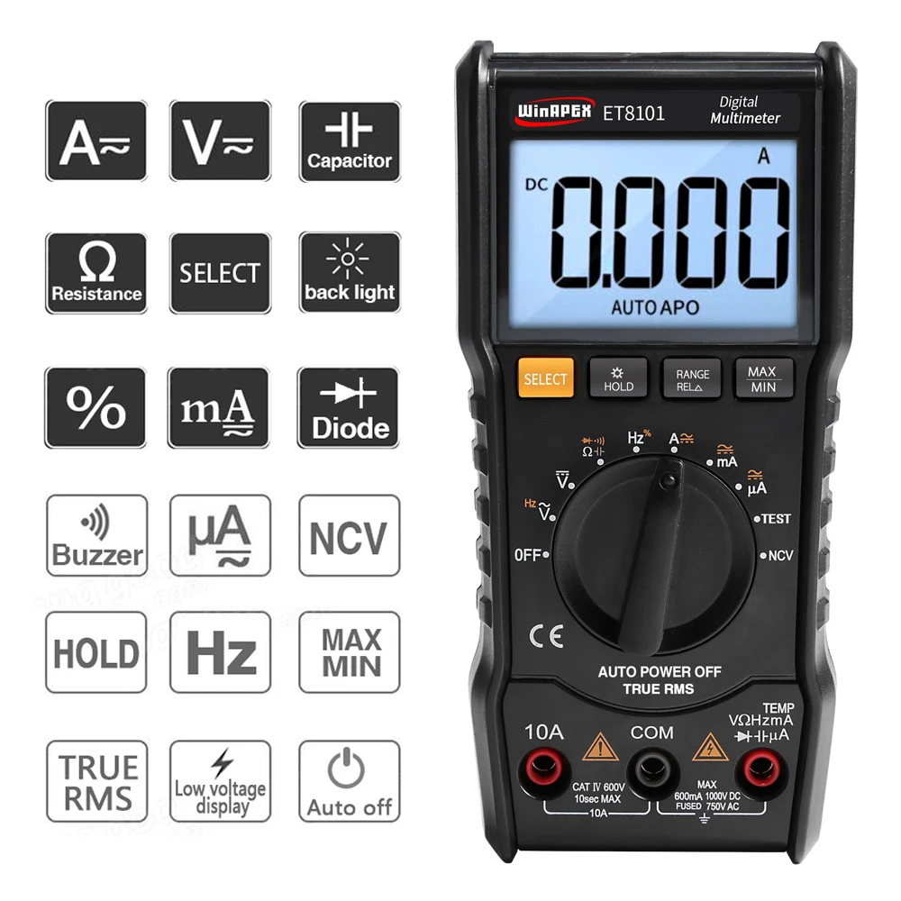 ET8101 Digital Multimeter True RMS Full Protection AC/DC Voltage Current Resistance Capacitance Frequency Duty Cycle NCV Tester