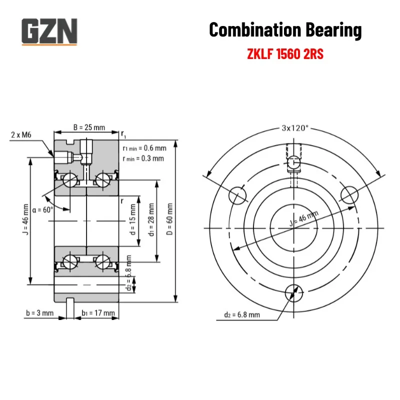 Máquina-ferramenta do rolamento de esferas do contato angular, ZKLF1255.2RS, 12x55x25mm, ZKLF155.2RS, 15X60X25MM, ZKLF1762-2RS, 17X62X25MM, 1Pc