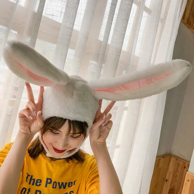 Winter Plush Rabbit Bunny Ears Hats For Women Cute Warm Soft Beanies Head Hood Girls Costume Accessories Earflap Hat Headgear