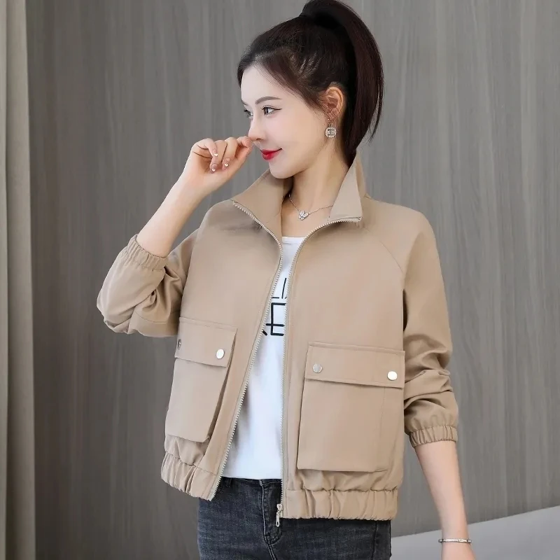 Spring Autumn Women Trench Coat New Solid Standing Neck Large Pocket Short Jacket Thin Inner Lined Windbreaker Female Outerwear