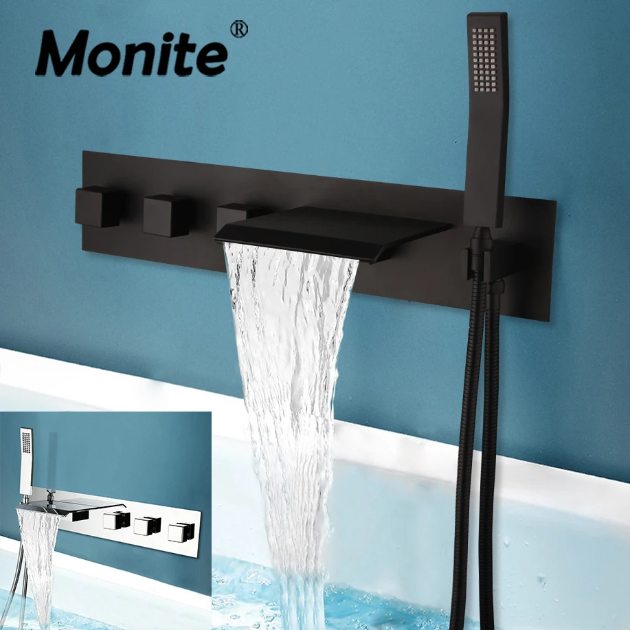 

Monite Bathroom Bathtub Matte Black Faucet 5 Holes Joint Pipe Shower Set Wall Mounted Solid Brass Hot Cold Waterfall Mixer Taps