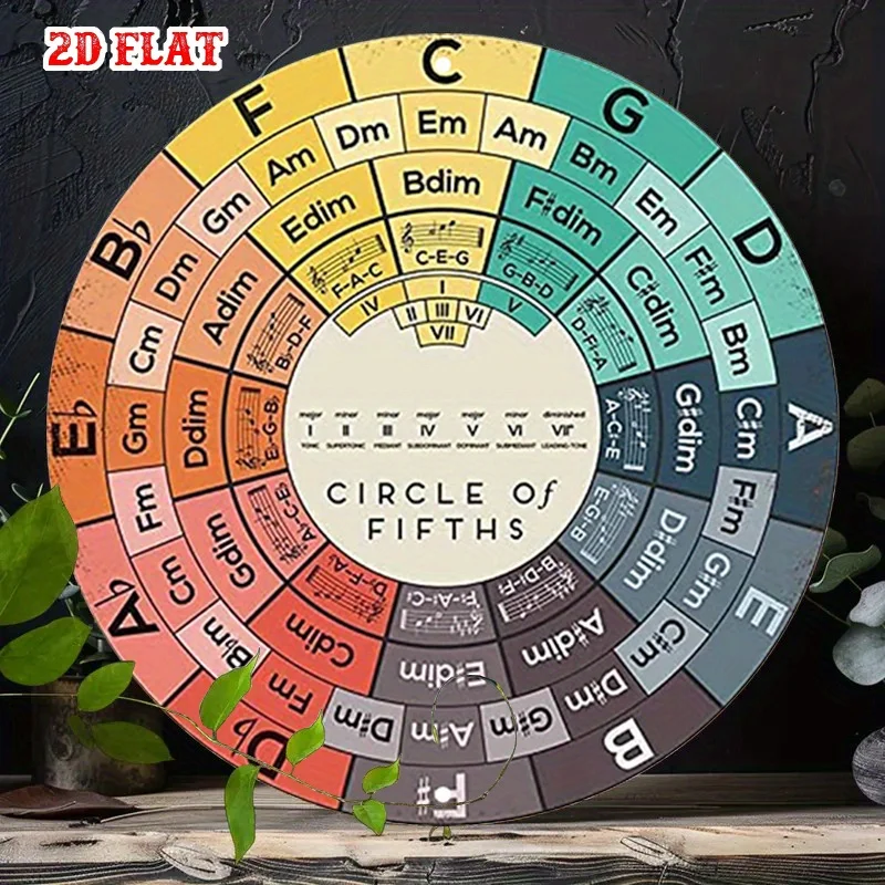 Circle of Fifths Music Theory Round Metal Tin Sign, High Definition Iron Painting, Musician Chord Wheel Wall Decor, Waterproof R