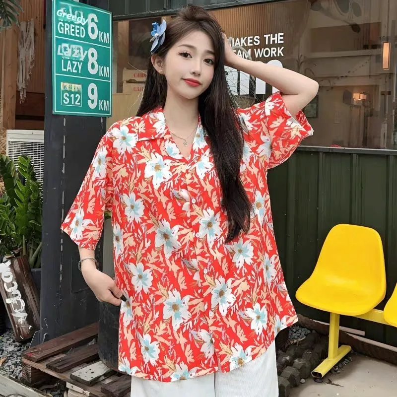 

Retro Hong Kong Style Floral Shirt Short Sleeve Hawaiian Design Loose Men's Women's Fashionable Casual Polyester Fiber