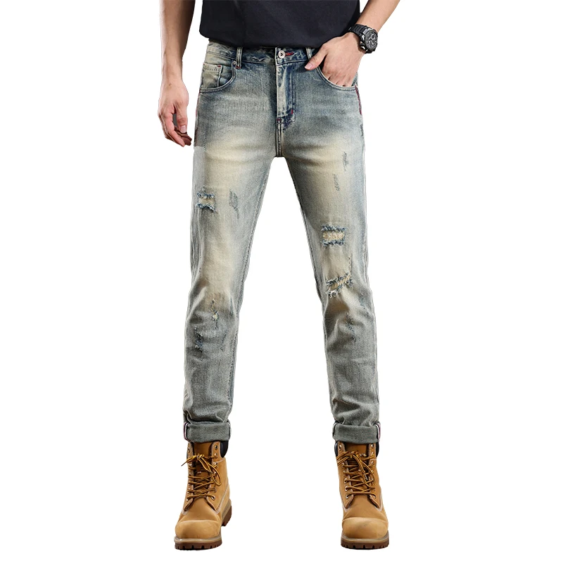 European and American retro distressed jeans men's fashionable slim fit small feet ripped casual pants skinny jeans men