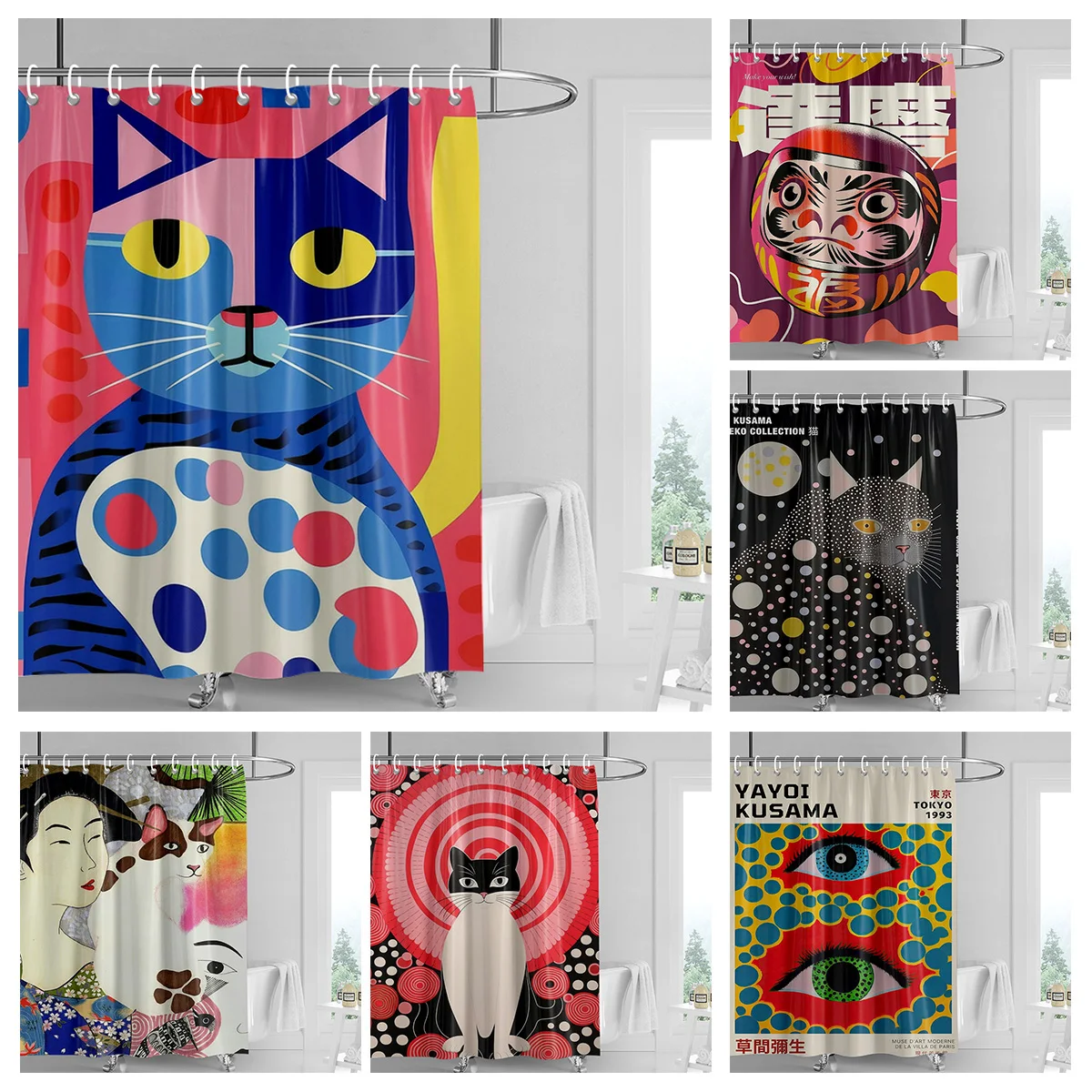 Abstract Woman and Cat Shower Curtain with Colorful Art Design for Artistic Bathroom Decor