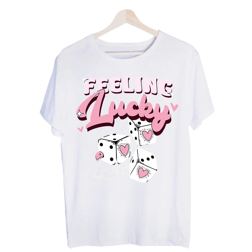 Women's Lucky Dice and Heart Graphic Tee, Short Sleeve Slogan Print T-Shirt for Casual Daily Wear