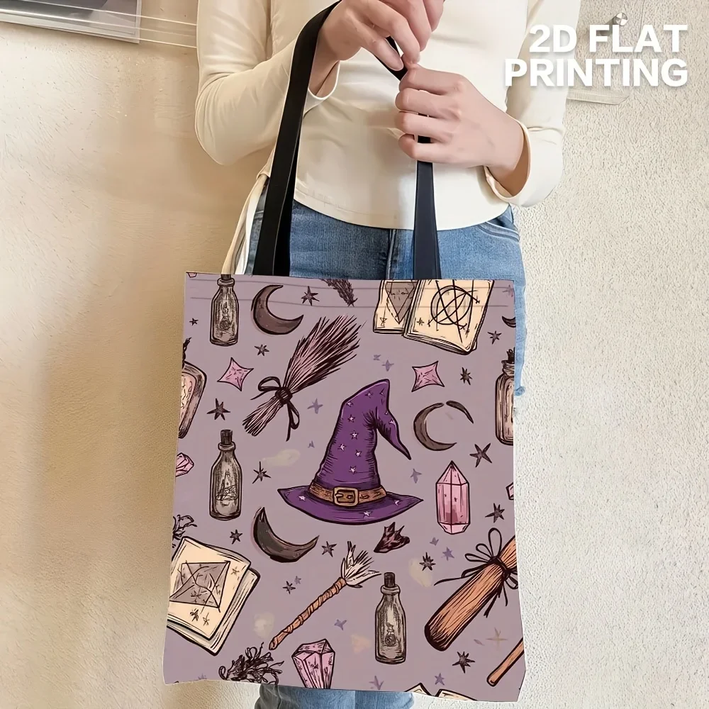 Shopping Bags Canvas Printing Halloween Witchcraft Tote Bag Purple Polyester Witch Hat Broomstick Cauldron More