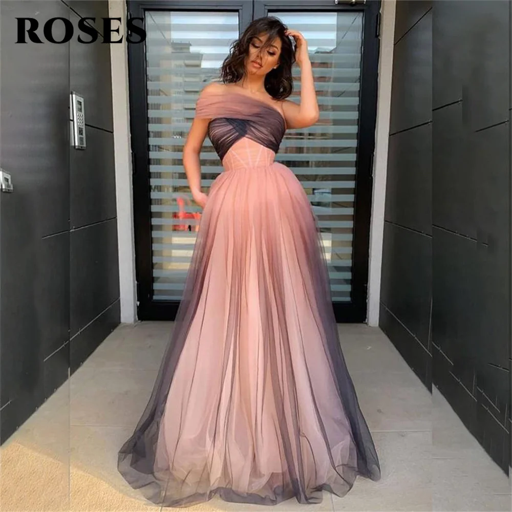 

ROSES Off The Shoulder A Line Chic Woman Evening Dress Gown Tulle Pink Ball Gown Sweetheart Night Dresses Gown robes de soirée