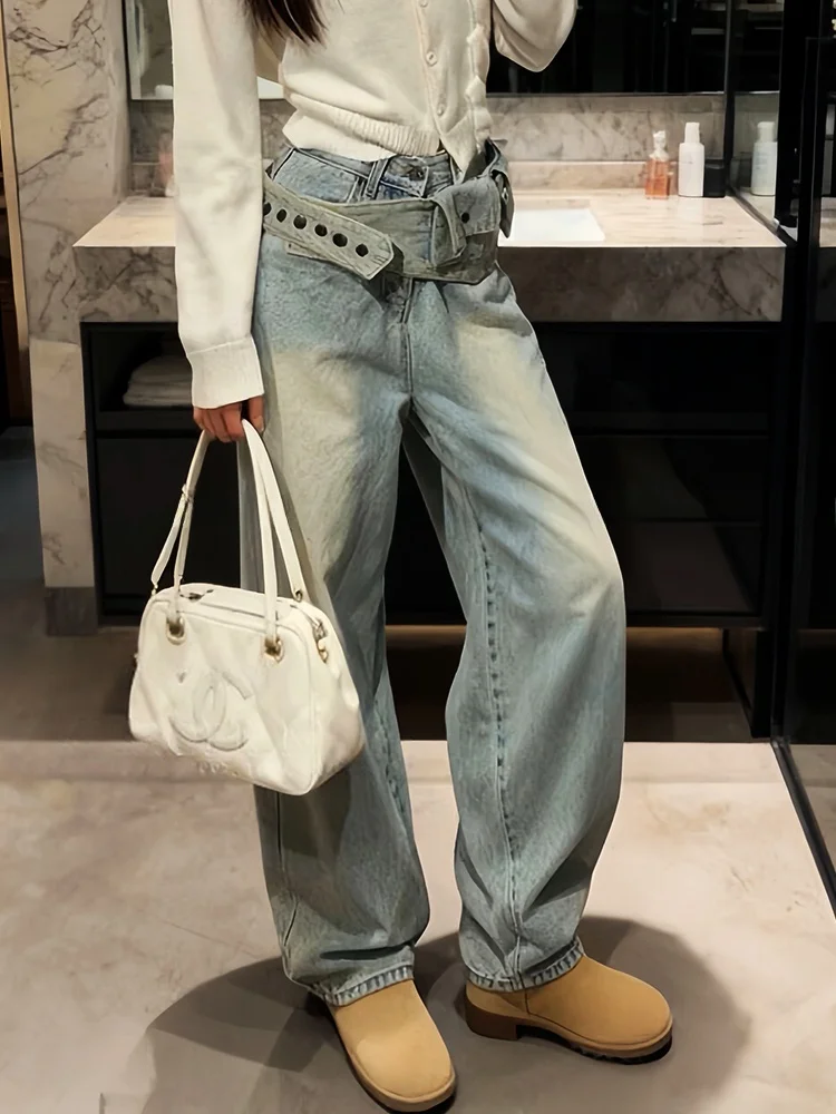 

Ретро джинсы с эффектом потертости в американском стиле для девушек, с декоративной вставкой на талии, женские летние, с высокой талией, свободного кроя, однотонные, длинные брюки
