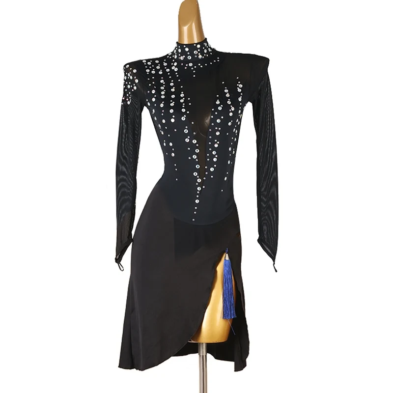 

Backless Latin Dance Clothes Women Black Long Sleeve Rhinestone Dress Rumba Tango Dancing Outfit Standard Performance Wear 3834