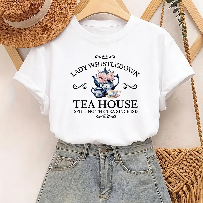 Lady Whistledown Tea House Print T-Shirt 90er Jahre Y2K Rundhalsausschnitt Kurzarm Tops T-Shirt Damen Casual Sommer T-Shirt Kleidung Damen