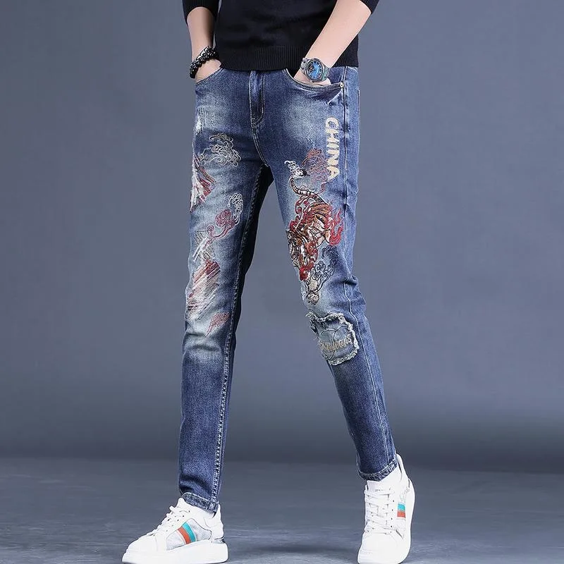 

Spring and Autumn New Fashion Trend Printed Straight Leg Elastic Jeans For Men Casual and Comfortable Sports High-Quality Pants