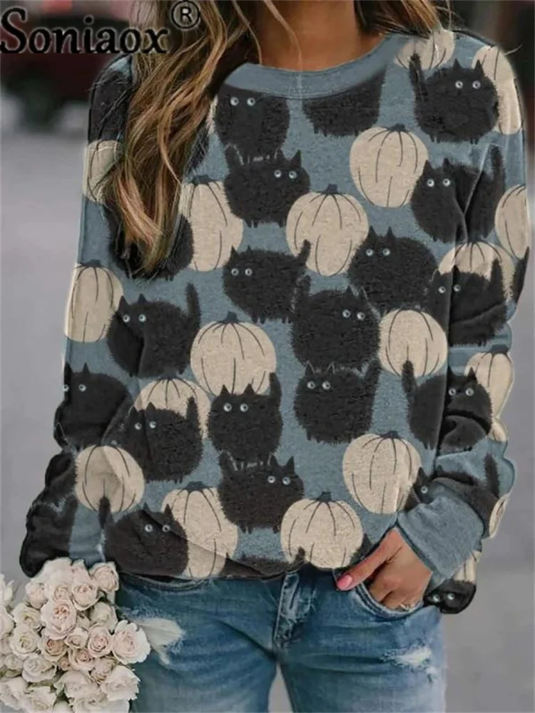 2022 Autumn Women New Halloween Cat Printed Sweatshirt Ladies O Neck Long Sleeve Casual Loose Hoodie Streetwear Pullover Tops