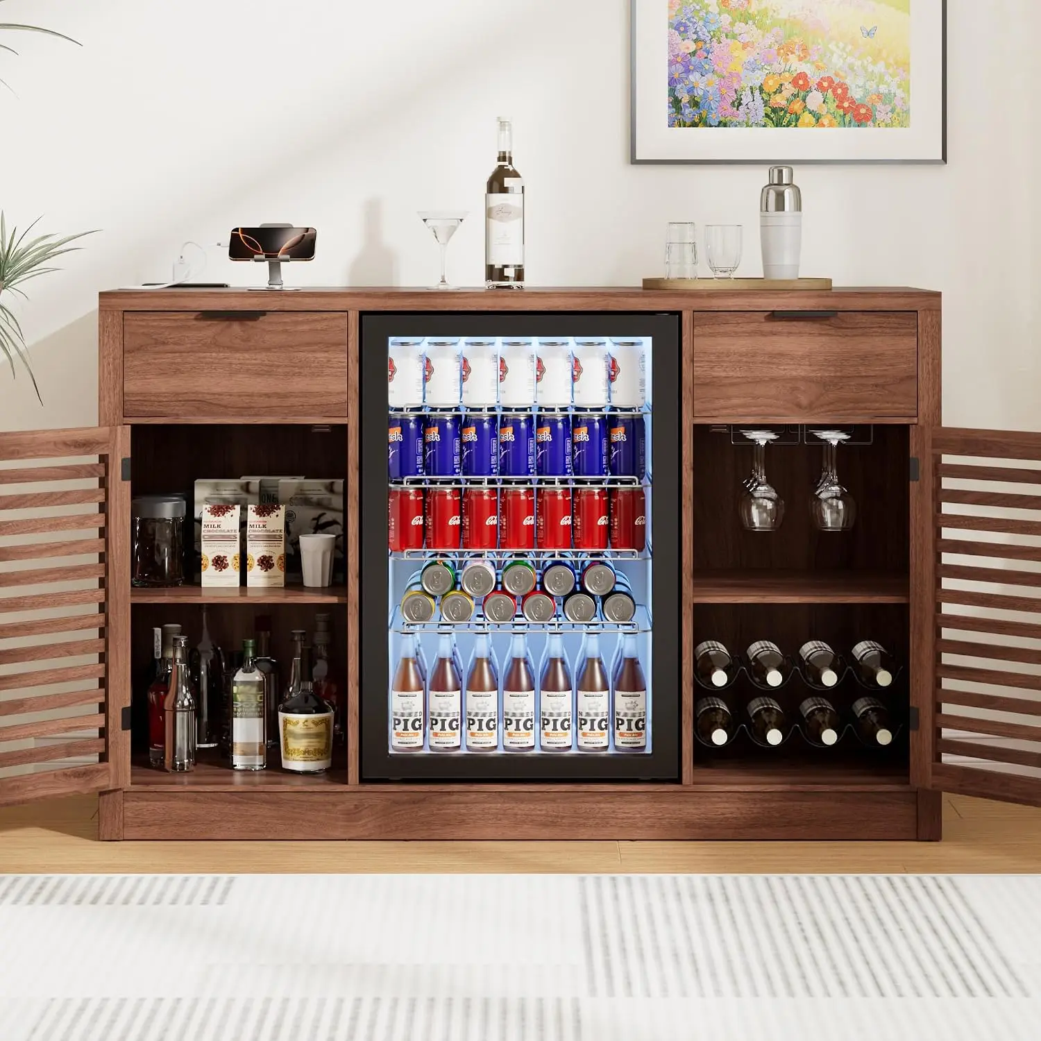 Fluted Coffee Bar Cabinet with Fridge Space & Power Outlets, Wine Rack Glass Holder, Mini Fridge Stand Charging Station, Kitchen view 4
